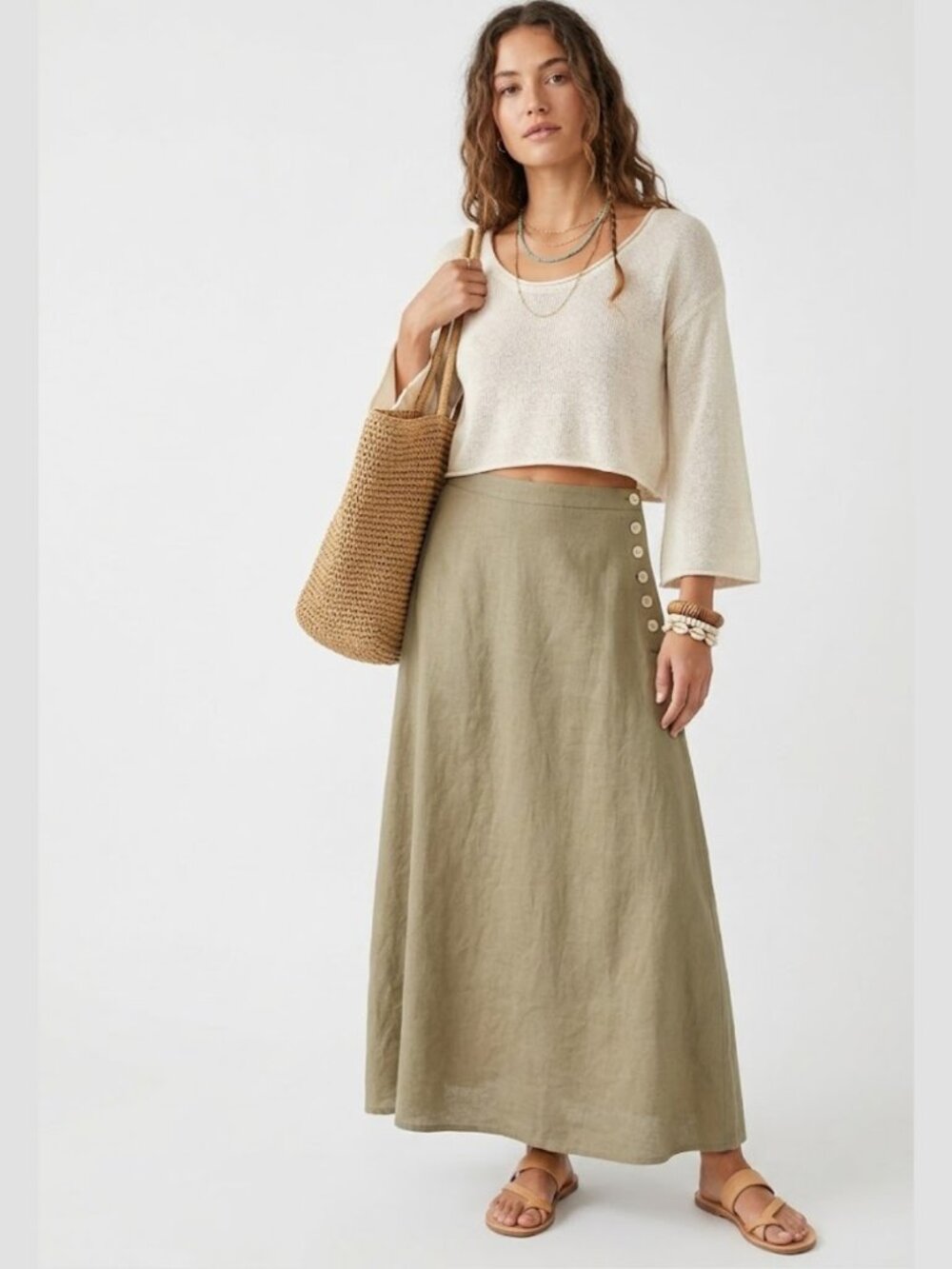 VTG JONES STUDIO A-Line 100% Linen Maxi Skirt Olive Green Womens 8 Boho Coastal